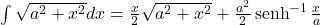  \int \sqrt{a^2+x^2}dx=\frac{x}{2} \sqrt{a^2+x^2}+\frac{a^2}{2} \senh^{-1} \frac{x}{a}