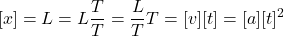 \begin{equation*}  [x]=L=L\frac{T}{T} = \frac{L}{T} T=[v][t]=[a][t]^2 \end{equation*}